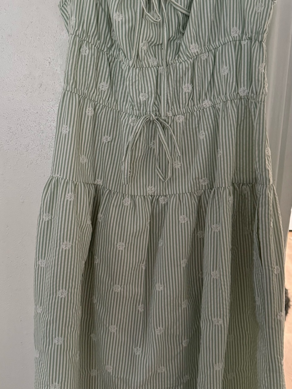 Striped Sage Green Midi Dress with Embroidered Details